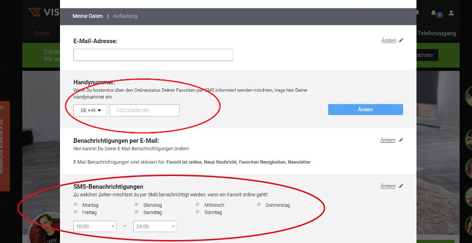 Handynummer eintragen und die Zeiten in denen du die SMS bekommen möchtest einstellen